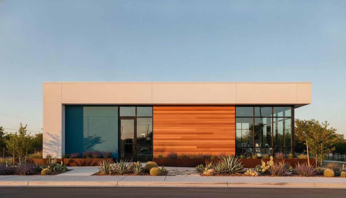 The white and warm-wood exterior of BrightSmile Dental Studio with its teal accent panel and landscaped entrance