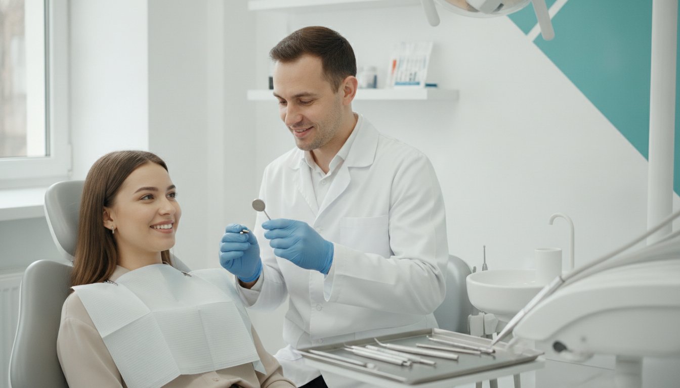 A smiling patient reclines in a dental chair while a friendly BrightSmile dentist shows her a dental mirror