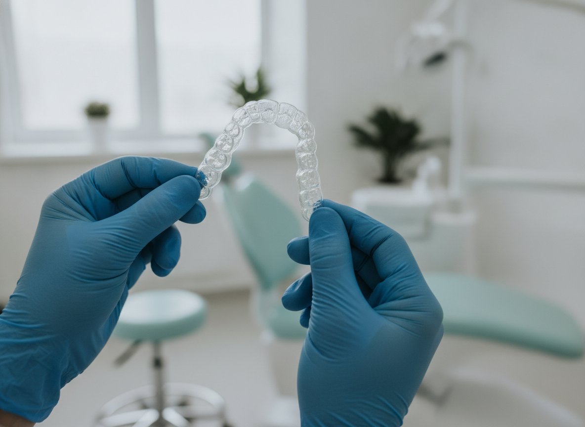 A gloved hand holds a clear Invisalign aligner tray up to the light