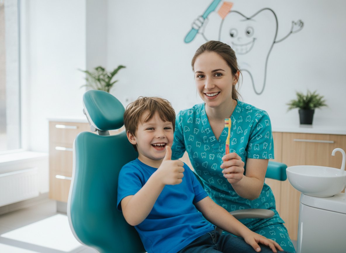 A happy child gives a thumbs up from the dental chair while a hygienist shows a colorful toothbrush