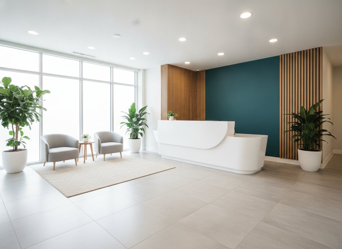 BrightSmile's welcoming reception area with a curved white desk, teal accent wall, and soft seating